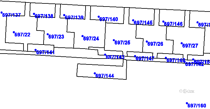 Parcela st. 697/143 v KÚ Mojžíř, Katastrální mapa