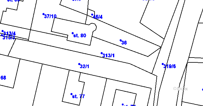 Parcela st. 313/1 v KÚ Mokošín, Katastrální mapa