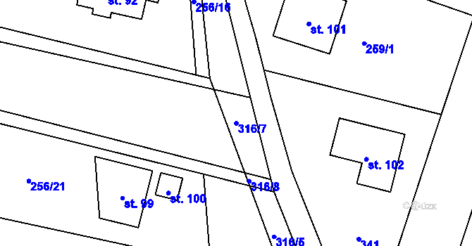 Parcela st. 316/7 v KÚ Mokošín, Katastrální mapa