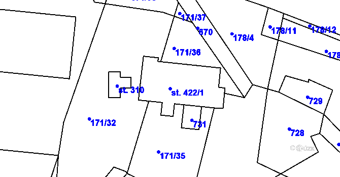 Parcela st. 422/1 v KÚ Mokrovraty, Katastrální mapa