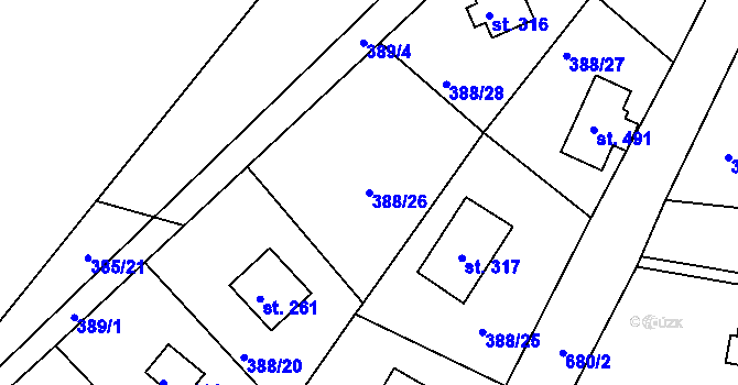 Parcela st. 388/26 v KÚ Mokrovraty, Katastrální mapa