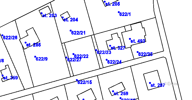 Parcela st. 622/23 v KÚ Mokrovraty, Katastrální mapa