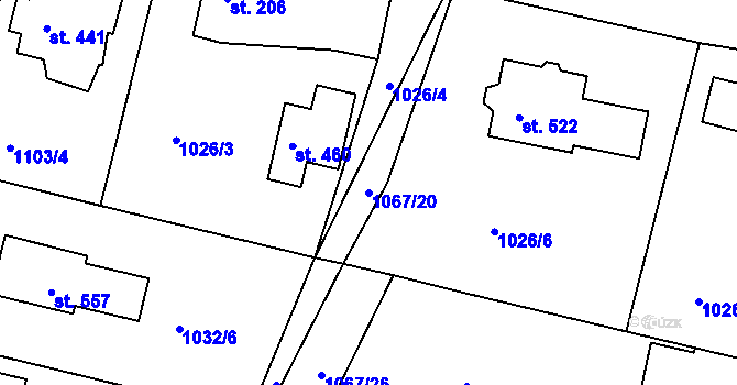 Parcela st. 1067/20 v KÚ Mokré Lazce, Katastrální mapa