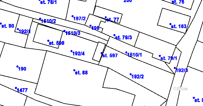 Parcela st. 597 v KÚ Mokré Lazce, Katastrální mapa