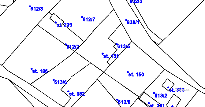 Parcela st. 151 v KÚ Mokřiny, Katastrální mapa