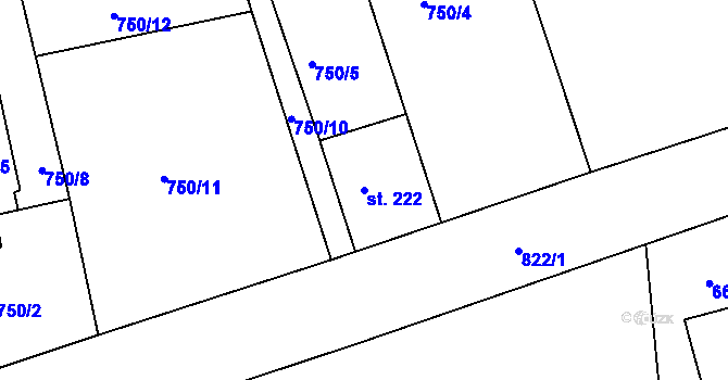 Parcela st. 222 v KÚ Mokřiny, Katastrální mapa