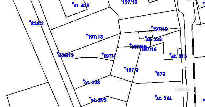 Parcela st. 197/4 v KÚ Mokřiny, Katastrální mapa