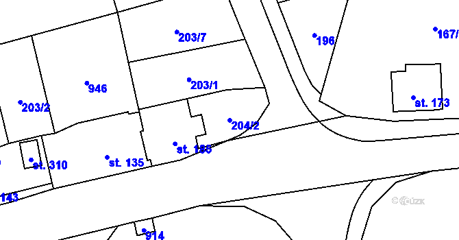Parcela st. 204/2 v KÚ Mokřiny, Katastrální mapa