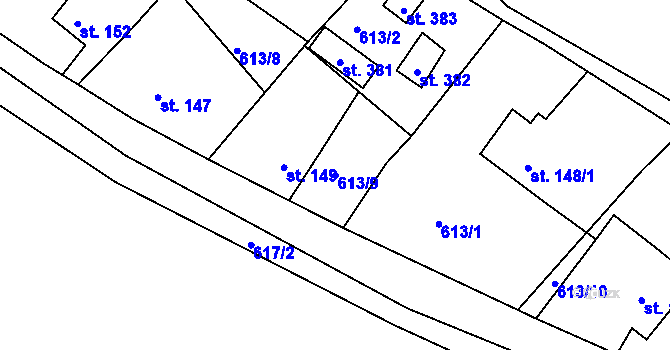 Parcela st. 613/9 v KÚ Mokřiny, Katastrální mapa