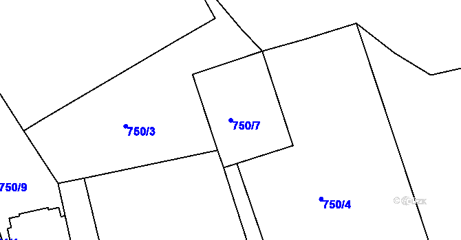 Parcela st. 750/7 v KÚ Mokřiny, Katastrální mapa