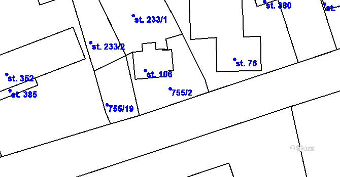 Parcela st. 755/2 v KÚ Mokřiny, Katastrální mapa