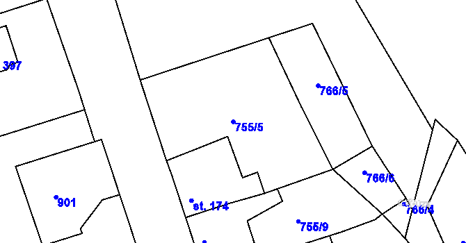 Parcela st. 755/5 v KÚ Mokřiny, Katastrální mapa