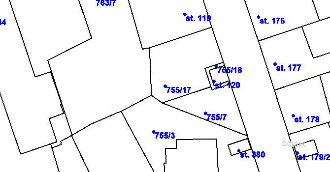 Parcela st. 755/17 v KÚ Mokřiny, Katastrální mapa
