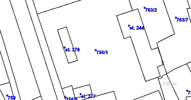 Parcela st. 756/1 v KÚ Mokřiny, Katastrální mapa