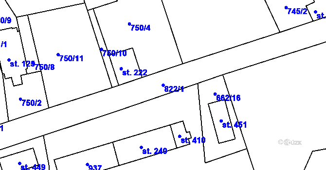 Parcela st. 822/1 v KÚ Mokřiny, Katastrální mapa