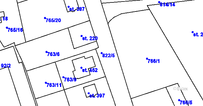 Parcela st. 822/5 v KÚ Mokřiny, Katastrální mapa