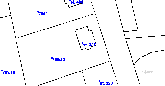 Parcela st. 387 v KÚ Mokřiny, Katastrální mapa