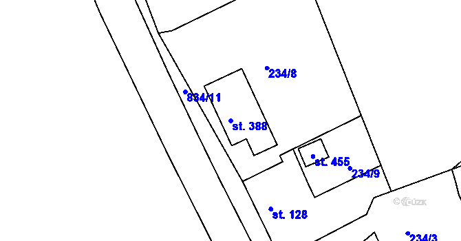Parcela st. 388 v KÚ Mokřiny, Katastrální mapa