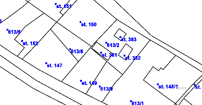 Parcela st. 381 v KÚ Mokřiny, Katastrální mapa