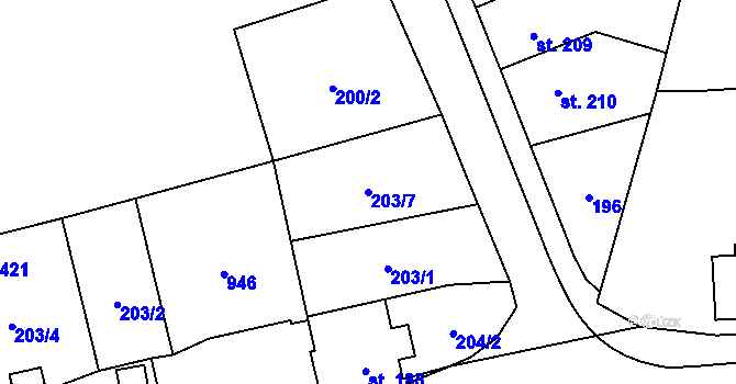 Parcela st. 203/7 v KÚ Mokřiny, Katastrální mapa