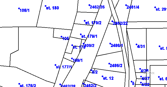 Parcela st. 109/2 v KÚ Moravany u Kyjova, Katastrální mapa