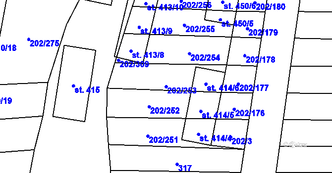Parcela st. 202/253 v KÚ Moravany u Kyjova, Katastrální mapa