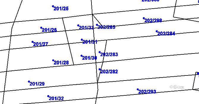 Parcela st. 202/283 v KÚ Moravany u Kyjova, Katastrální mapa