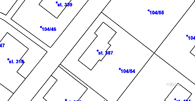 Parcela st. 387 v KÚ Moravec, Katastrální mapa