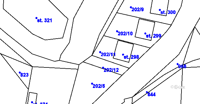 Parcela st. 202/11 v KÚ Moravec, Katastrální mapa