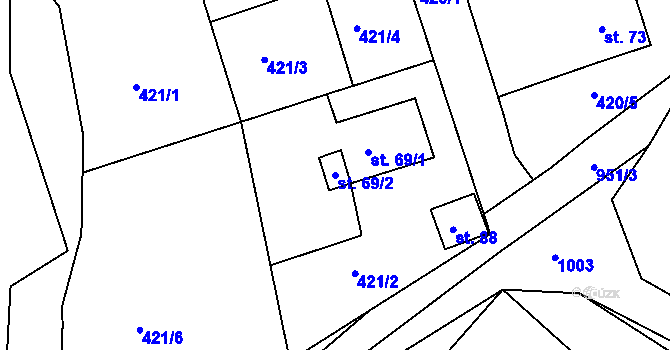 Parcela st. 69/2 v KÚ Sedm Dvorů, Katastrální mapa