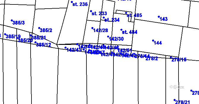 Parcela st. 142/49 v KÚ Morkůvky, Katastrální mapa