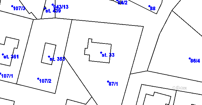 Parcela st. 33 v KÚ Mořina, Katastrální mapa