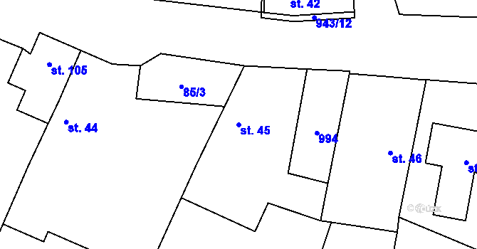 Parcela st. 45 v KÚ Mořina, Katastrální mapa