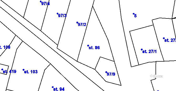 Parcela st. 86 v KÚ Mořina, Katastrální mapa