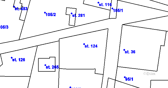 Parcela st. 124 v KÚ Mořina, Katastrální mapa