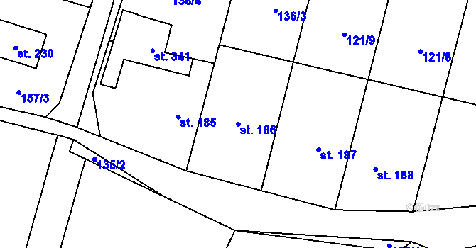 Parcela st. 186 v KÚ Mořina, Katastrální mapa