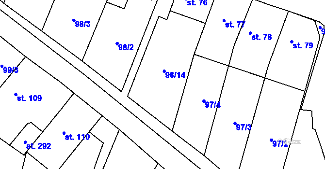 Parcela st. 98/14 v KÚ Mořina, Katastrální mapa