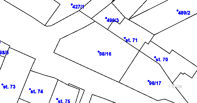 Parcela st. 98/16 v KÚ Mořina, Katastrální mapa