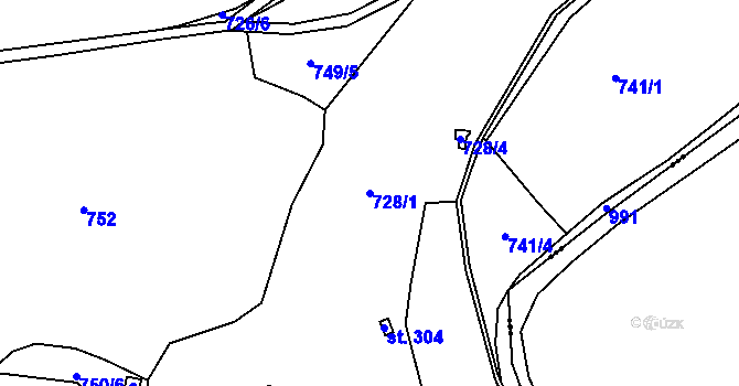 Parcela st. 728/1 v KÚ Mořina, Katastrální mapa