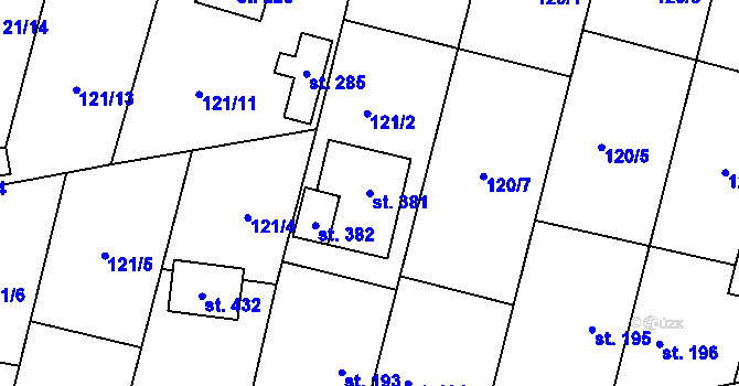 Parcela st. 381 v KÚ Mořina, Katastrální mapa