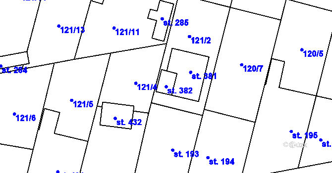 Parcela st. 382 v KÚ Mořina, Katastrální mapa