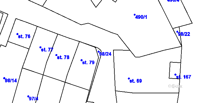 Parcela st. 98/24 v KÚ Mořina, Katastrální mapa