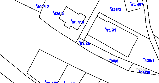 Parcela st. 98/25 v KÚ Mořina, Katastrální mapa