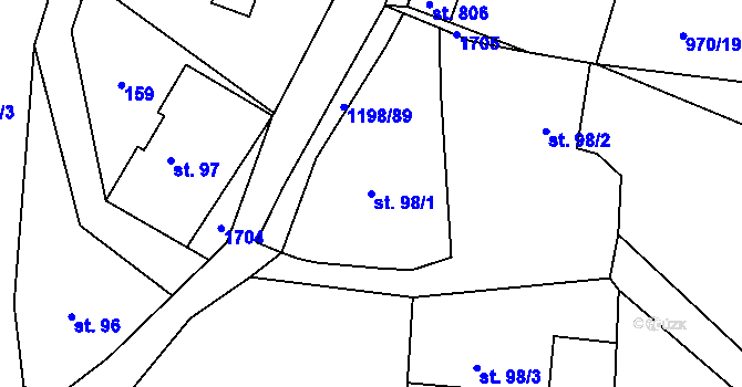Parcela st. 98/1 v KÚ Mořkov, Katastrální mapa