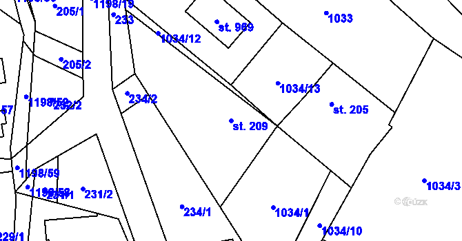 Parcela st. 209 v KÚ Mořkov, Katastrální mapa