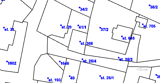 Parcela st. 308 v KÚ Mořkov, Katastrální mapa