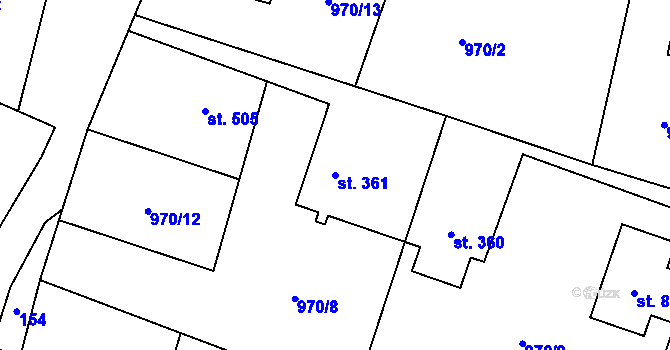 Parcela st. 361 v KÚ Mořkov, Katastrální mapa