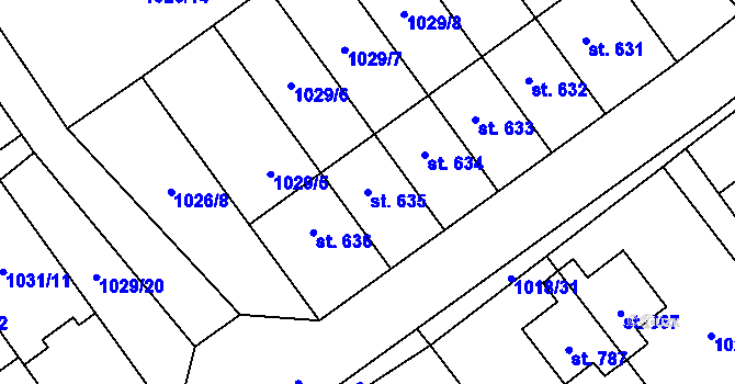 Parcela st. 635 v KÚ Mořkov, Katastrální mapa