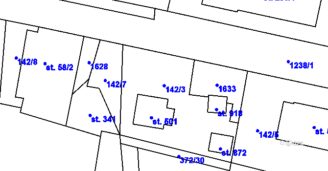 Parcela st. 142/3 v KÚ Mořkov, Katastrální mapa