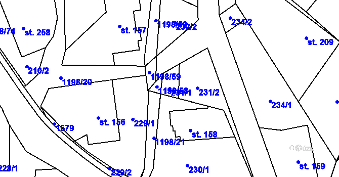 Parcela st. 231/1 v KÚ Mořkov, Katastrální mapa